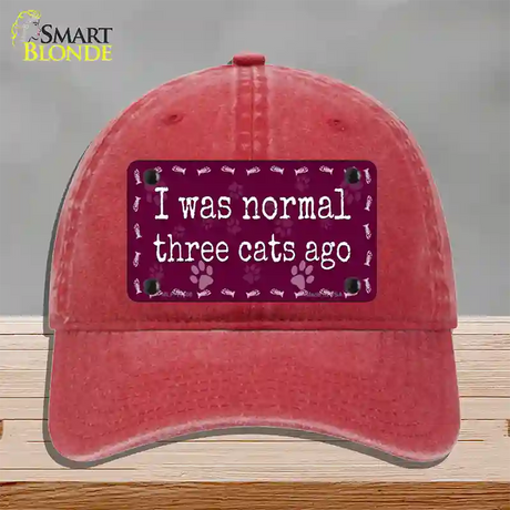 I Was Normal Three Cats Ago Novelty License Plate Hat Unconstructed Cotton / Red