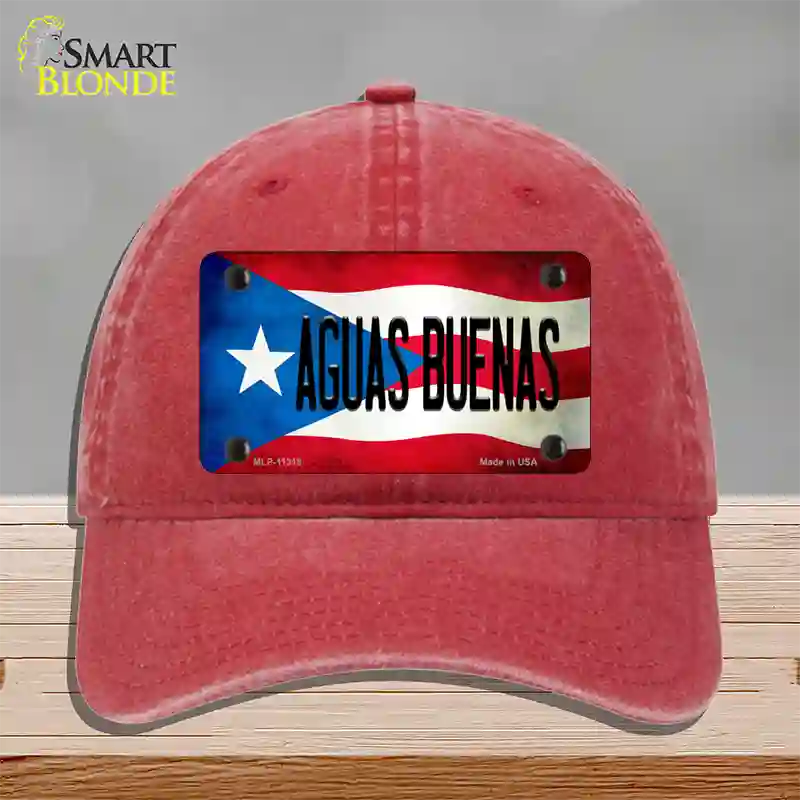 Aguas Buenas Puerto Rico Flag Novelty License Plate Hat Unconstructed Cotton / Red