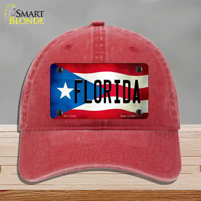 Florida Puerto Rico Flag Novelty License Plate Hat Unconstructed Cotton / Red