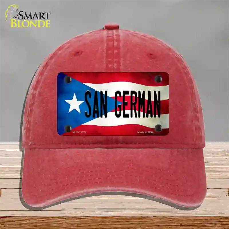 San German Puerto Rico Flag Novelty License Plate Hat Unconstructed Cotton / Red