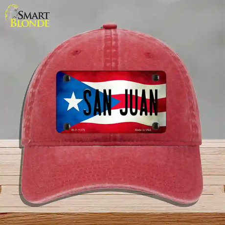 San Juan Puerto Rico Flag Novelty License Plate Hat Unconstructed Cotton / Red