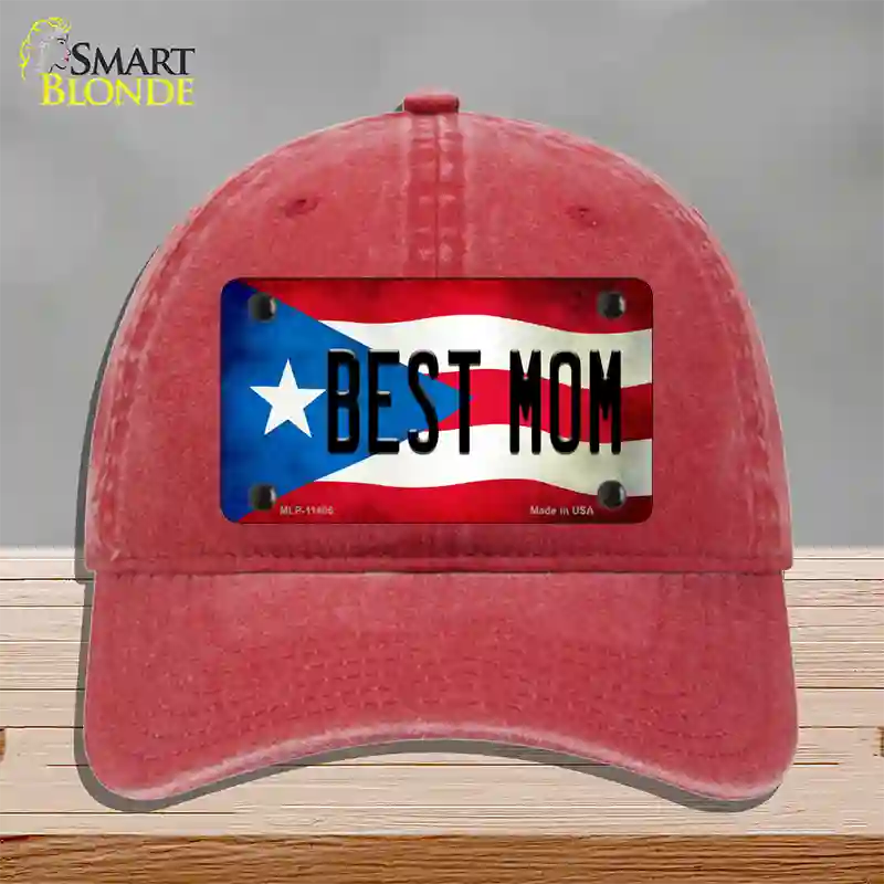 Best Mom Puerto Rico Flag Novelty License Plate Hat Unconstructed Cotton / Red