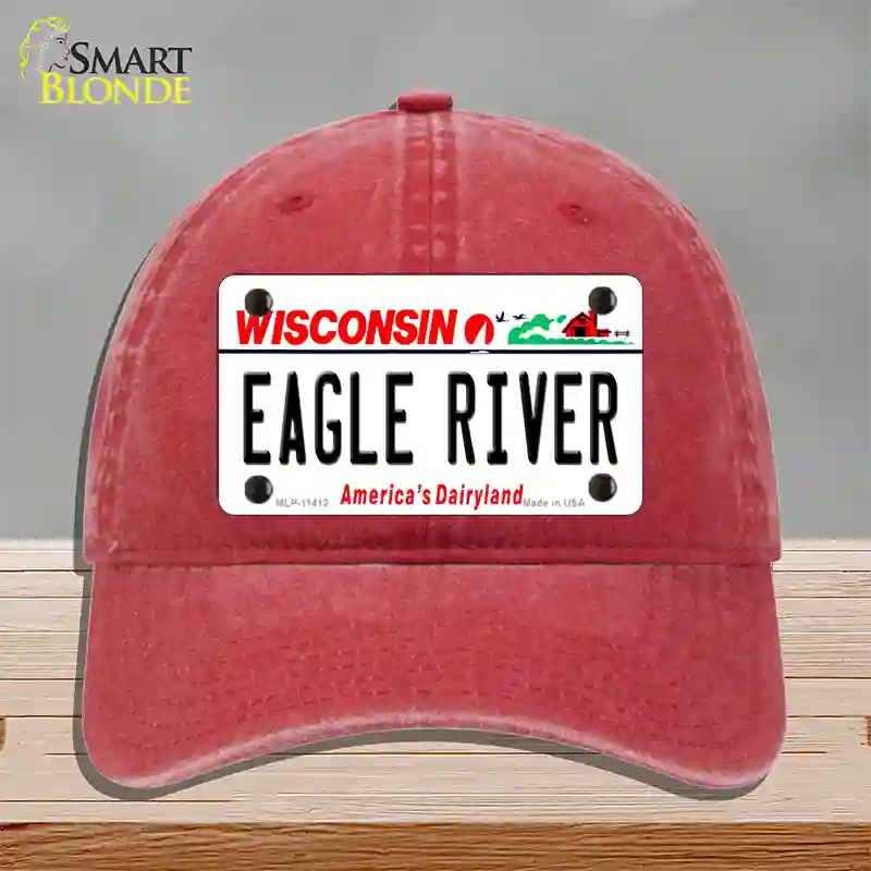 Eagle River Wisconsin Novelty License Plate Hat Unconstructed Cotton / Red