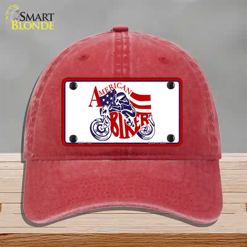 American Patriotic Biker Novelty License Plate Hat Unconstructed Cotton / Red