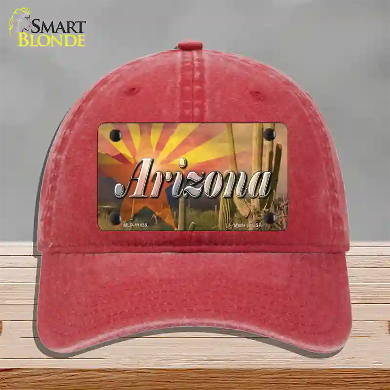 Arizona State Flag Overlay On Cactus Novelty License Plate Hat Unconstructed Cotton / Red