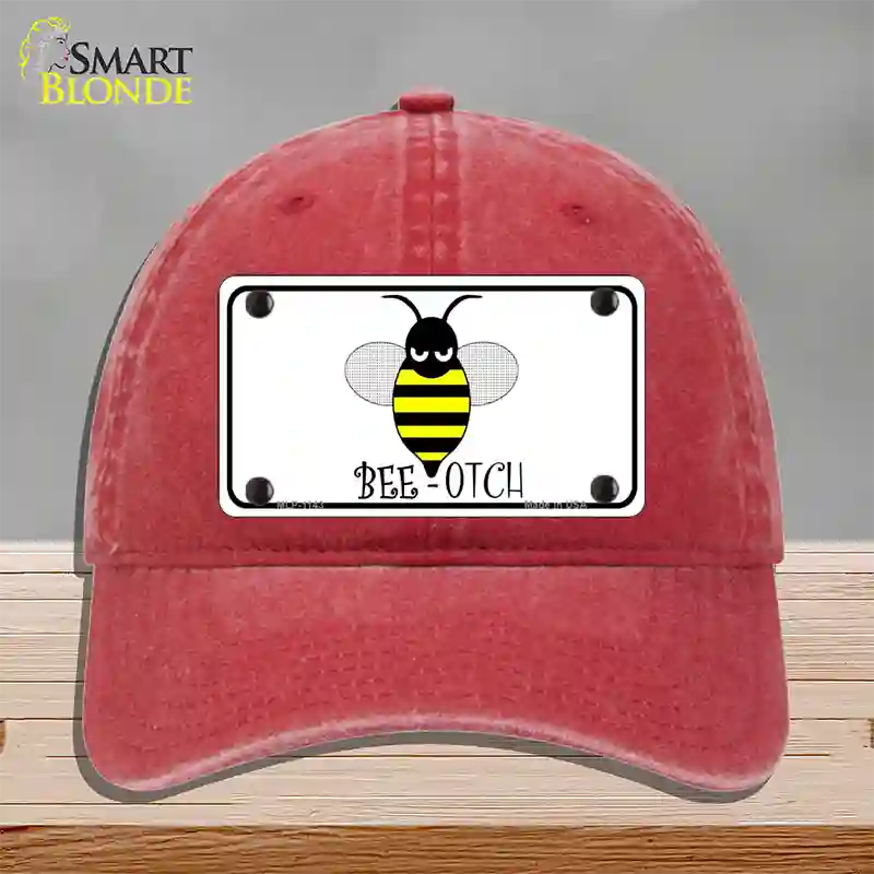 Bee-otch Novelty License Plate Hat Unconstructed Cotton / Red