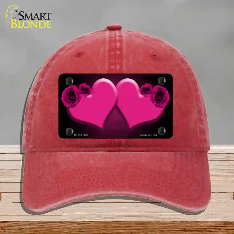 Hearts Over Roses In Pink Novelty License Plate Hat Unconstructed Cotton / Red