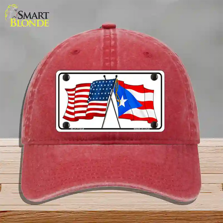 Puerto Rico Crossed US Flag Novelty License Plate Hat Unconstructed Cotton / Red