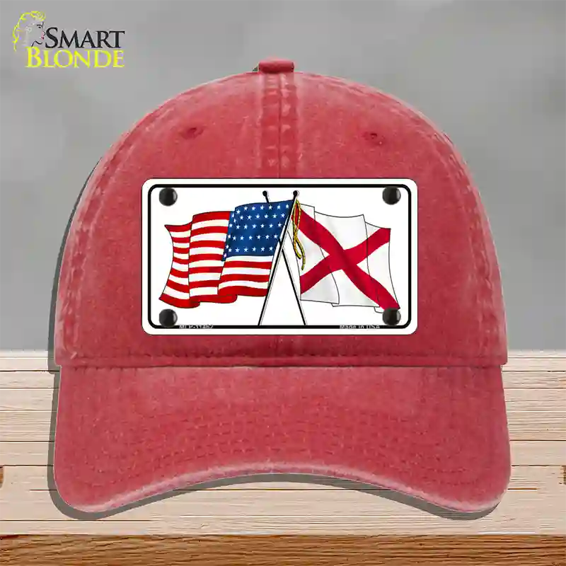 Alabama Crossed US Flag Novelty License Plate Hat Unconstructed Cotton / Red