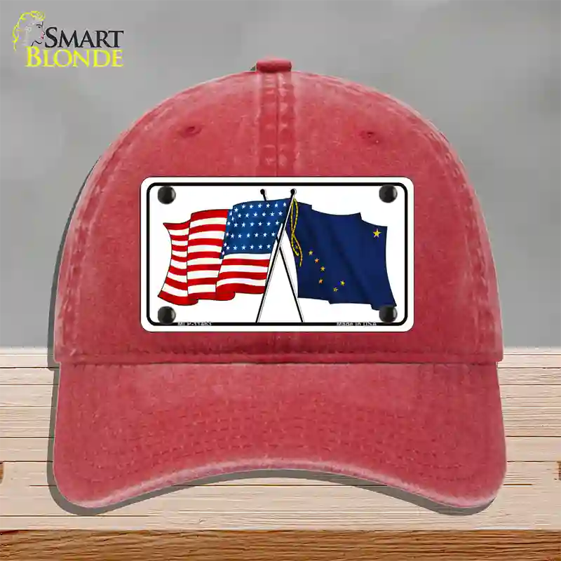 Alaska Crossed US Flag Novelty License Plate Hat Unconstructed Cotton / Red