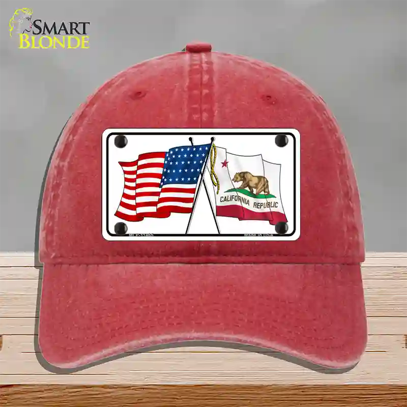 California Crossed US Flag Novelty License Plate Hat Unconstructed Cotton / Red