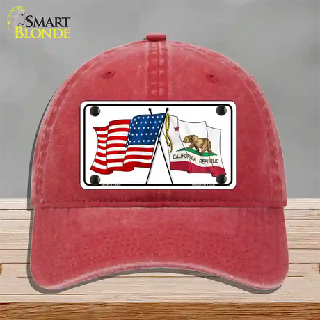 California Crossed US Flag Novelty License Plate Hat Unconstructed Cotton / Red