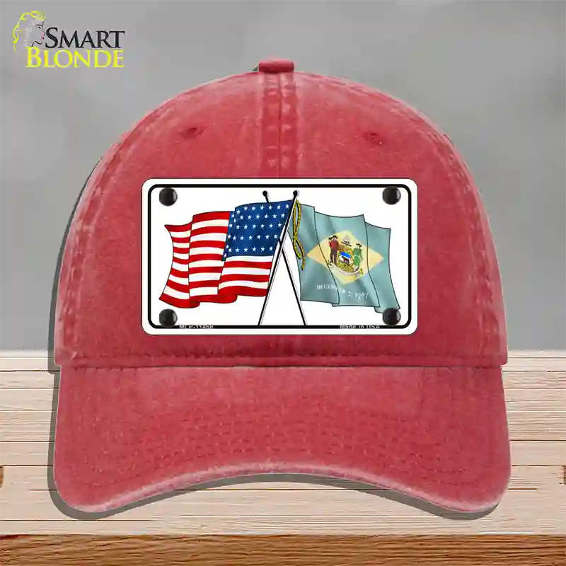 Delaware Crossed US Flag Novelty License Plate Hat Unconstructed Cotton / Red