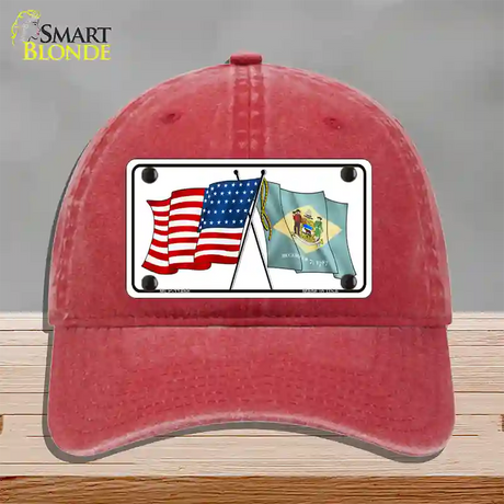 Delaware Crossed US Flag Novelty License Plate Hat Unconstructed Cotton / Red