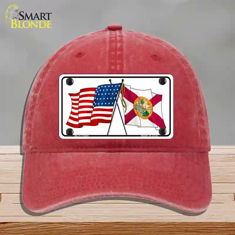 Florida Crossed US Flag Novelty License Plate Hat Unconstructed Cotton / Red