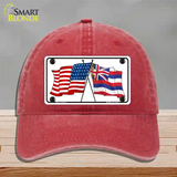 Hawaii Crossed US Flag Novelty License Plate Hat Unconstructed Cotton / Red