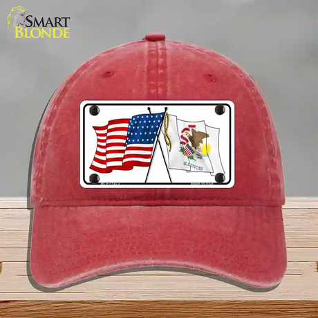 Illinois Crossed US Flag Novelty License Plate Hat Unconstructed Cotton / Red