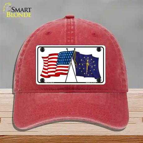 Indiana Crossed US Flag Novelty License Plate Hat Unconstructed Cotton / Red