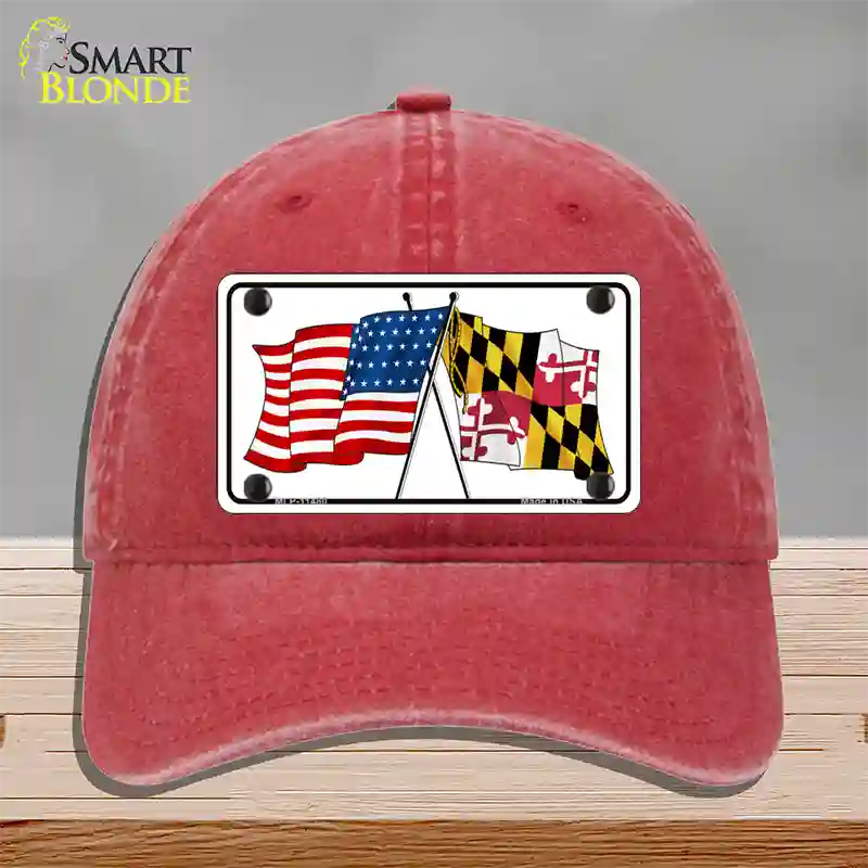 Maryland Crossed US Flag Novelty License Plate Hat Unconstructed Cotton / Red