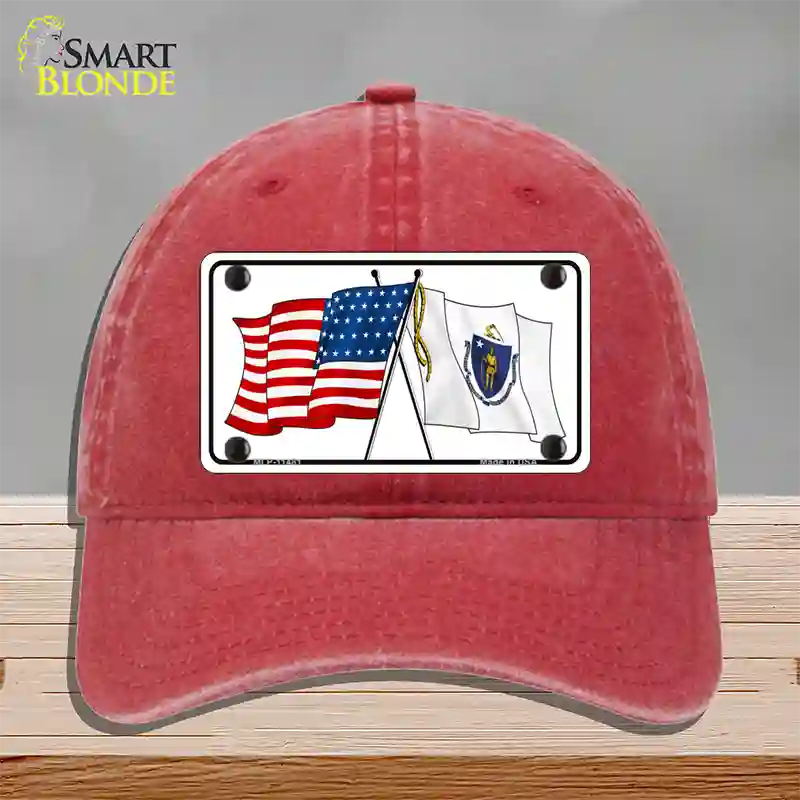 Massachusetts Crossed US Flag Novelty License Plate Hat Unconstructed Cotton / Red