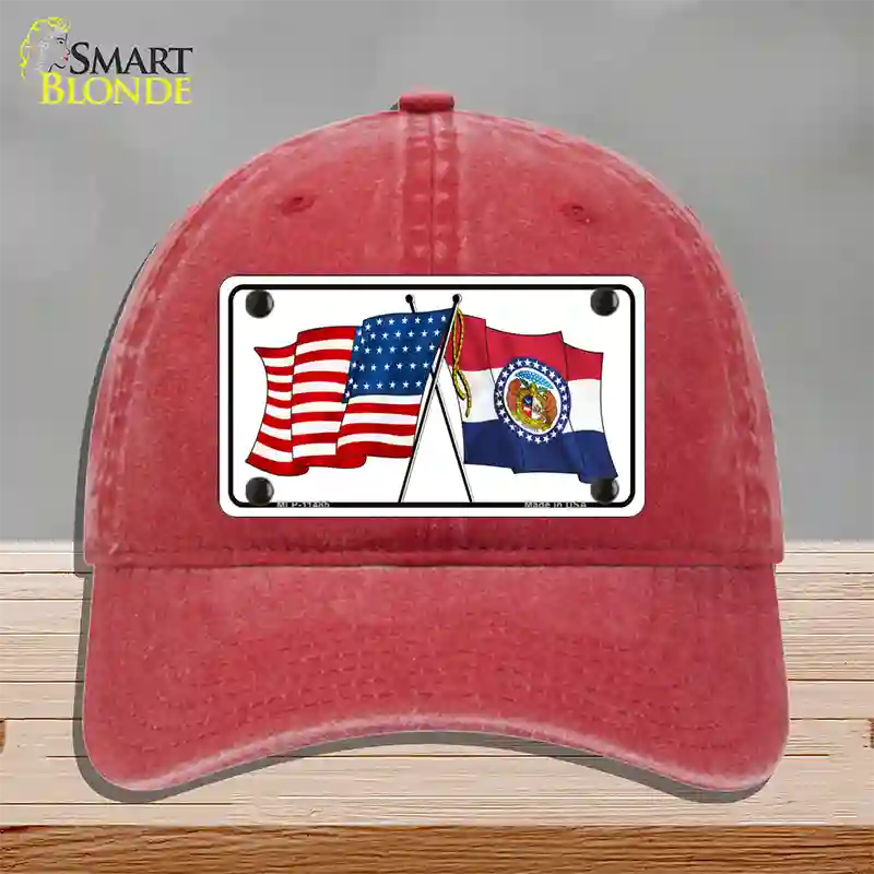 Missouri Crossed US Flag Novelty License Plate Hat Unconstructed Cotton / Red