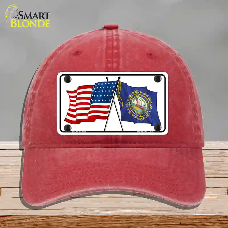 New Hampshire Crossed US Flag Novelty License Plate Hat Unconstructed Cotton / Red