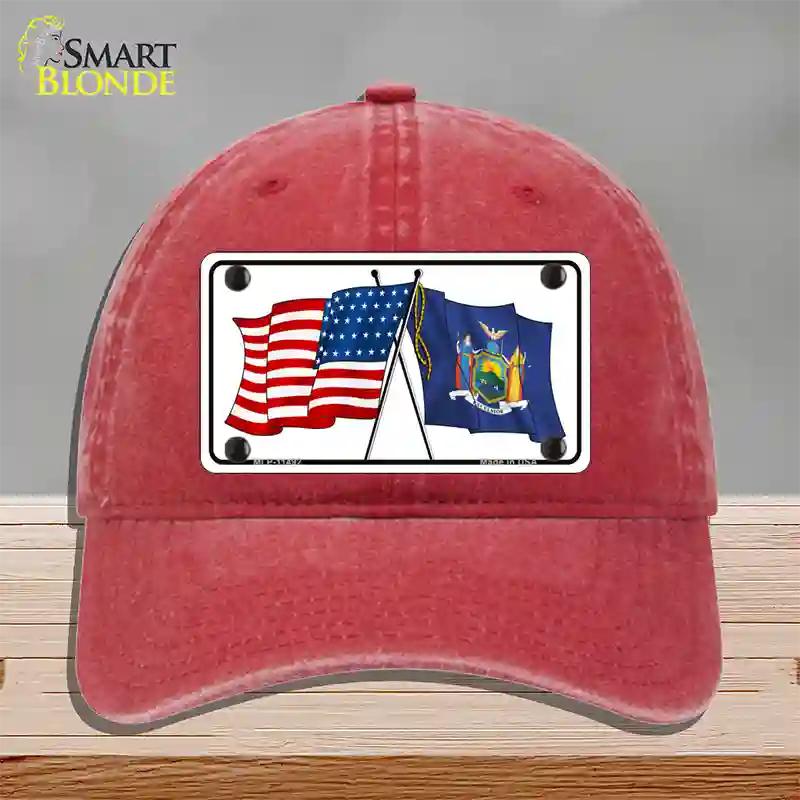 New York Crossed US Flag Novelty License Plate Hat Unconstructed Cotton / Red