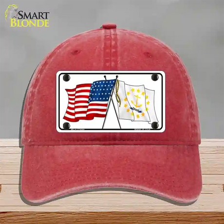 Rhode Island Crossed US Flag Novelty License Plate Hat Unconstructed Cotton / Red