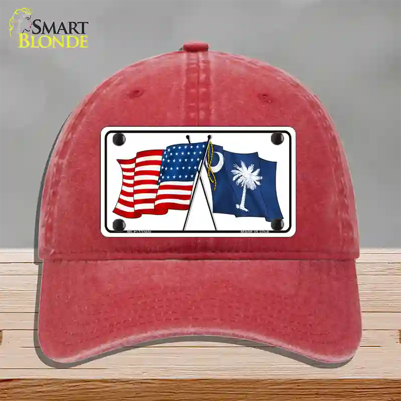 South Carolina Crossed US Flag Novelty License Plate Hat Unconstructed Cotton / Red