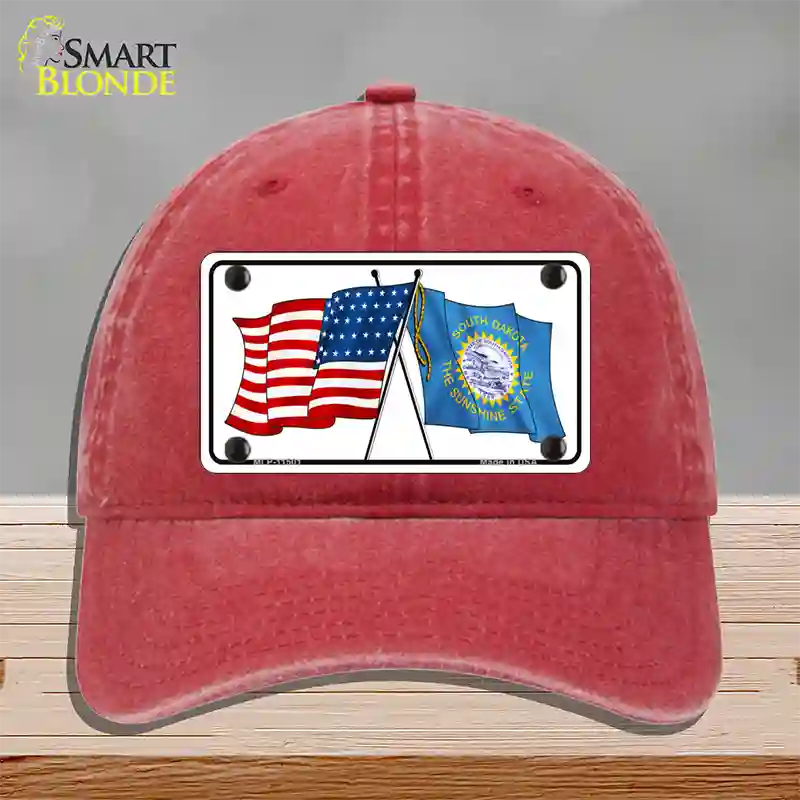 South Dakota Crossed US Flag Novelty License Plate Hat Unconstructed Cotton / Red