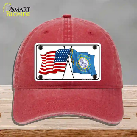 South Dakota Crossed US Flag Novelty License Plate Hat Unconstructed Cotton / Red