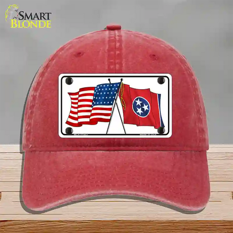 Tennessee Crossed US Flag Novelty License Plate Hat Unconstructed Cotton / Red