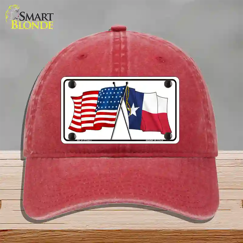 Texas Crossed US Flag Novelty License Plate Hat Unconstructed Cotton / Red