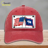 Wyoming Crossed US Flag Novelty License Plate Hat Unconstructed Cotton / Red