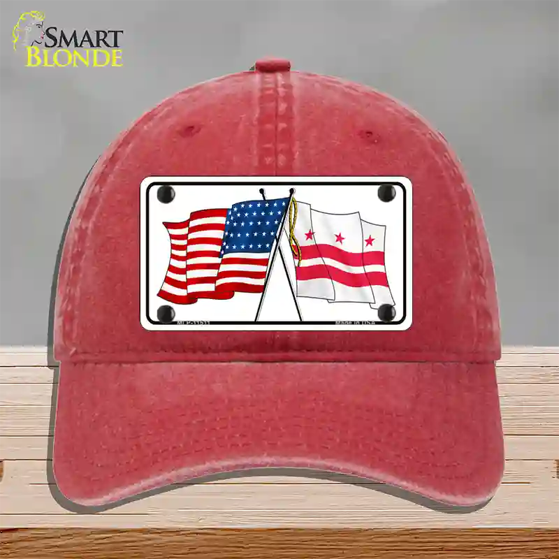 Washington DC Crossed US Flag Novelty License Plate Hat Unconstructed Cotton / Red