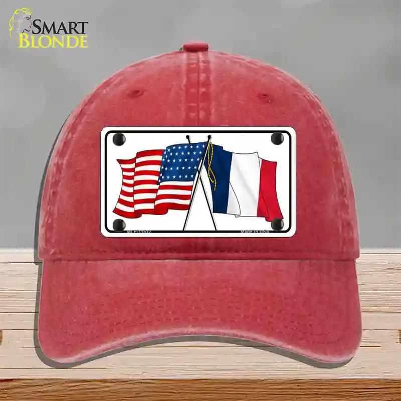 France Crossed US Flag Novelty License Plate Hat Unconstructed Cotton / Red