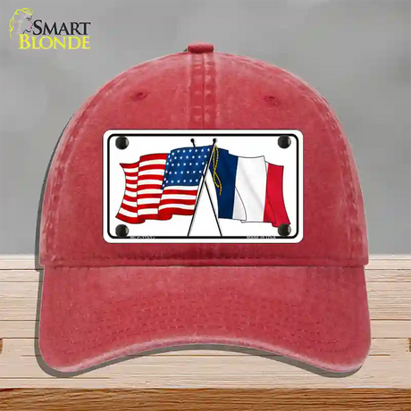 France Crossed US Flag Novelty License Plate Hat Unconstructed Cotton / Red