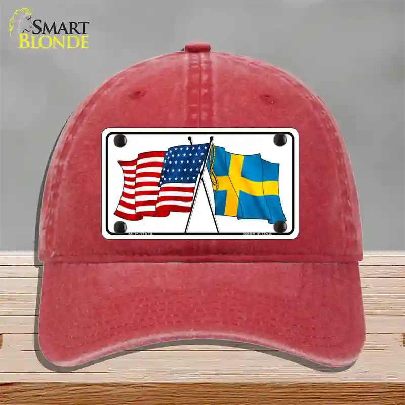 Sweden Crossed US Flag Novelty License Plate Hat Unconstructed Cotton / Red