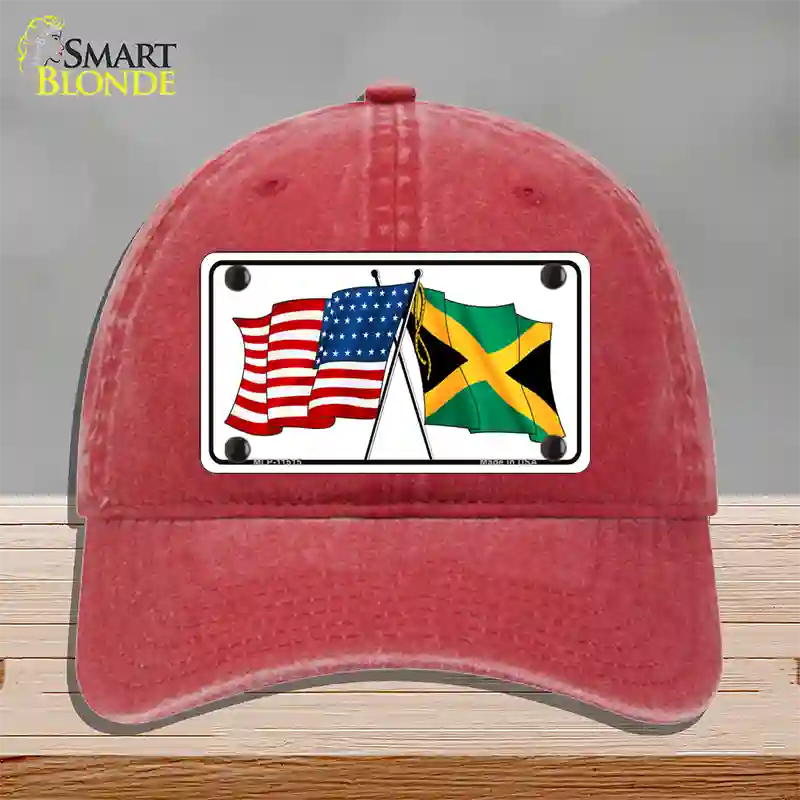 Jamaica Crossed US Flag Novelty License Plate Hat Unconstructed Cotton / Red