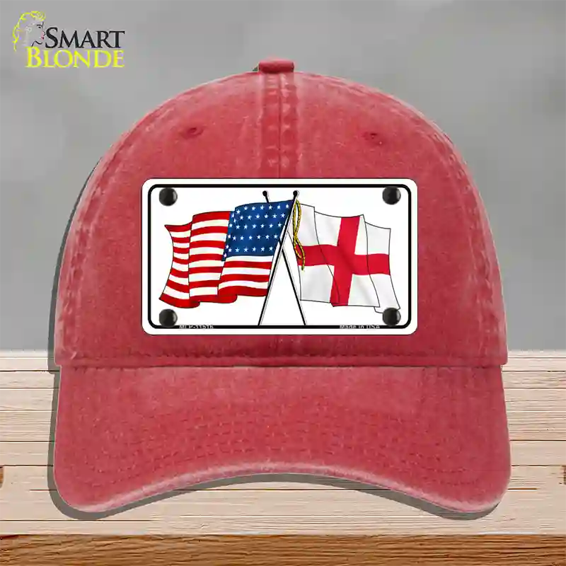 England Crossed US Flag Novelty License Plate Hat Unconstructed Cotton / Red