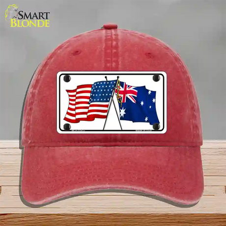 Australia Crossed US Flag Novelty License Plate Hat Unconstructed Cotton / Red