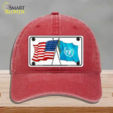 United Nation Crossed US Flag Novelty License Plate Hat Unconstructed Cotton / Red