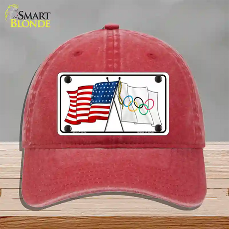 Olympic Crossed US Flag Novelty License Plate Hat Unconstructed Cotton / Red