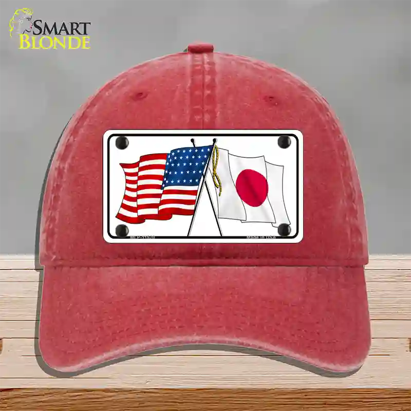 Japan Crossed US Flag Novelty License Plate Hat Unconstructed Cotton / Red