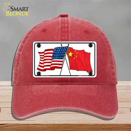 China Crossed US Flag Novelty License Plate Hat Unconstructed Cotton / Red