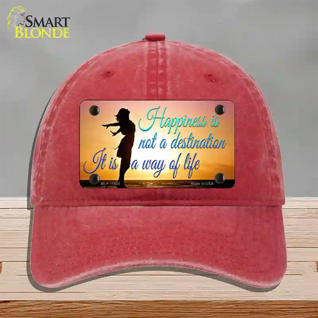 Happiness Way Of Life Sunset Novelty License Plate Hat Unconstructed Cotton / Red