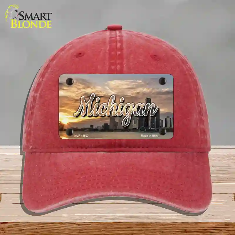 Michigan City Sunset State Novelty License Plate Hat Unconstructed Cotton / Red