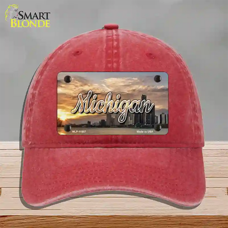 Michigan City Sunset State Novelty License Plate Hat Unconstructed Cotton / Red