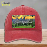 Minnesota City Skyline Sunset State Novelty License Plate Hat Unconstructed Cotton / Red