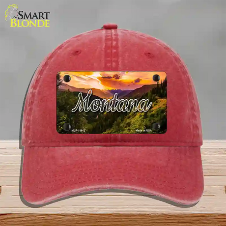 Montana Forest Sunset State Novelty License Plate Hat Unconstructed Cotton / Red